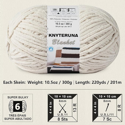#6 Super Bulky Blanket Yarn for Crocheting - 4 Skeins(Each 10.5oz/300g, 220yds/201m), Chunky Chenille Thick Plush Big Soft Yarn for Crocheting Knitting Blankets, Beige White