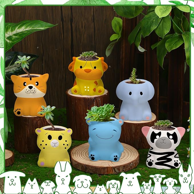6 Sets Paint Your Own Ceramic Animal Succulent Planters Paintable Animal Ceramic Small DIY Figurines Unpainted Succulent Pots with Drainage Hole for Adults