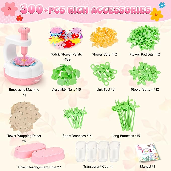 GirlsHome 300+PCS Fabric Flower Bouquets Toys, DIY Flower Crafts Kits for Kids, Arts and Crafts for Kids Ages 6-8 Girls, Flower Making Kit, STEM Educational Preschool Toy Christmas Gifts(White Pink)
