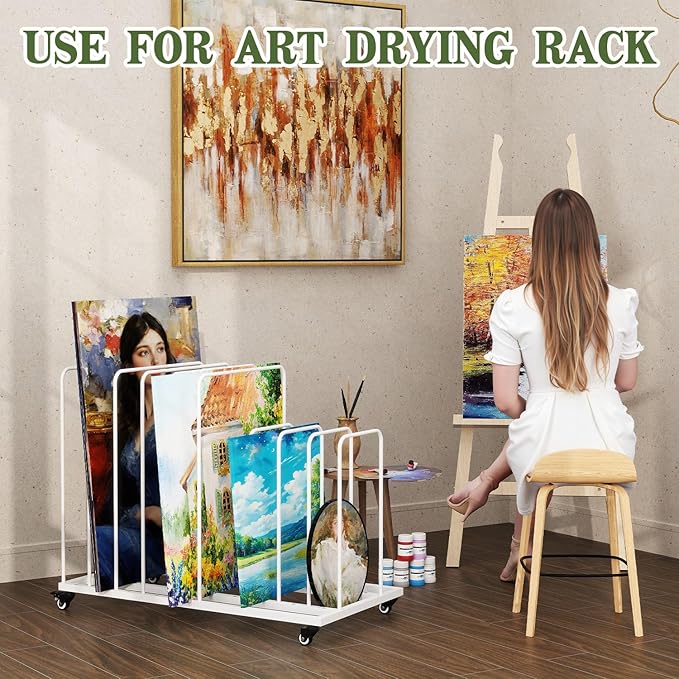 Art Canvas Storage Rack, Art Storage with Wheels, Adjustable Art Storage Easel Display Stands for Canvas Boards, Panel, Crafts Drying & Print Racks,Frame,White
