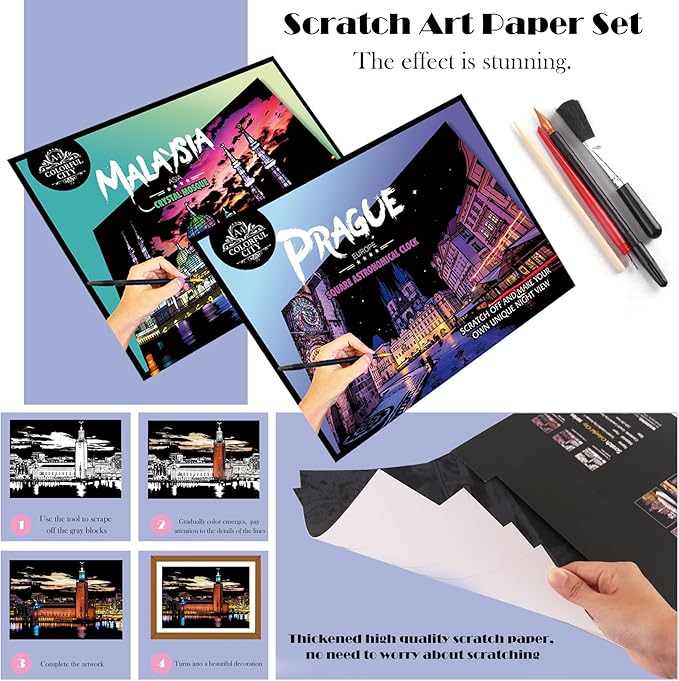 Scratch Art Paper for Adults Foil Art - Colorful City Series, Scratch Painting for Adults/Teens, Scratch and Sketch Craft Gift | Foil Engraving Scratch Art Adult (Set 2)