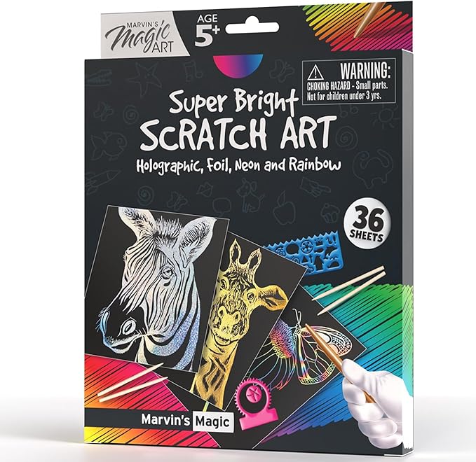Marvin's Magic - Scratch Art Kit for Kids - 36 Rainbow Sheets, 4 Wooden Styluses, Stencils & Spirograph - Creative DIY Drawing Paper for Boys & Girls - Arts & Crafts Gift Set Ages 5-12