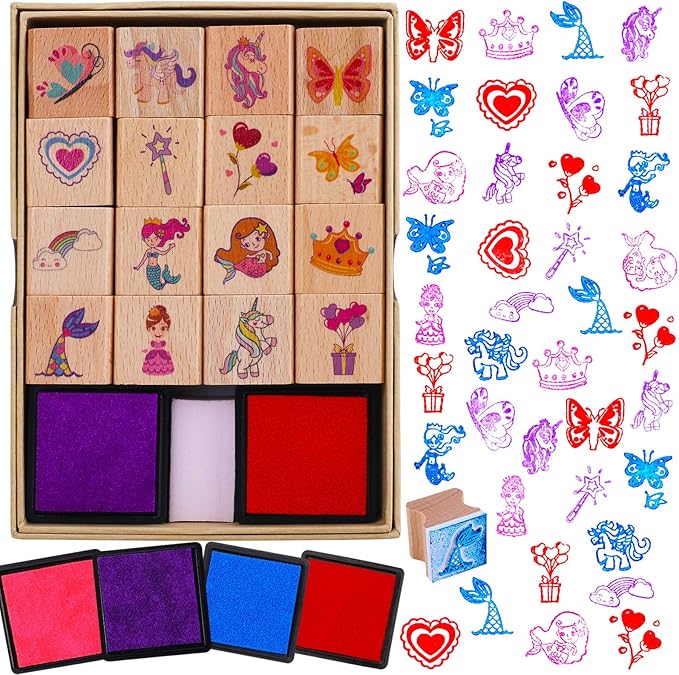 HOWAF 16pcs Wooden Stamps for Crafts - Mermaid, Princess, Heart, Butterfly Stamps with 4pcs Ink Pad - Unicorn, Rainbow, DIY Scrapbook Card Making, Party Bag Fillers, Gift Essentials for Kids