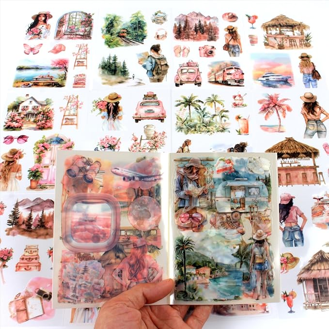 Summer Beach Pre-Cut Journal Sticker Book for Junk Journaling, Transparent PET Landscape Stickers for Scrapbook Supplies, Scrapbooking, Collage, Planners, Bujo, 20 Sheets