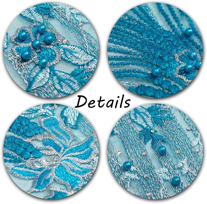 Beaded Pearl Flower Fabric Lace Applique, Floral Embroidered Patches Handmade Sewing Tool for DIY Neckline Bodice Wedding Bridal Prom Dress(Sky Blue-Small)