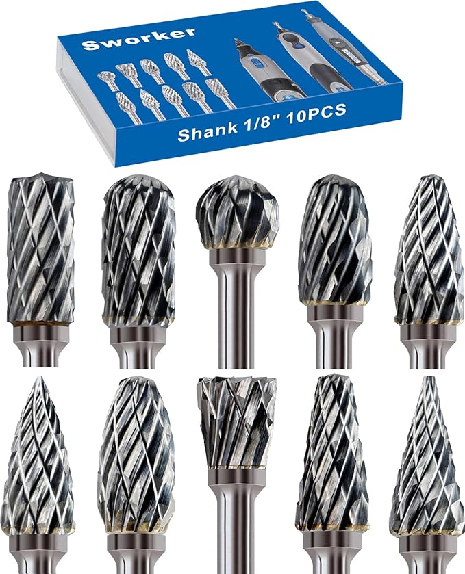10 Pcs Carbide Burr Set 1/8" Shank Compatible with Dremel Milwaukee Bits Rotary Tools Attachment Kit Rasp Drill File Accessories Metal Wood Stone Steel Grinding Carving Cutting Polishing