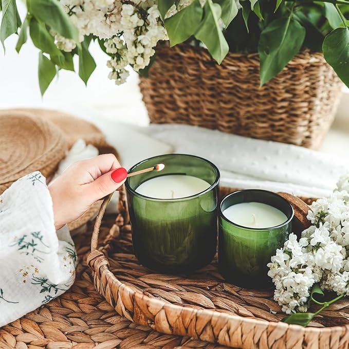 8 OZ Thick Candle Jars for Making Candles 15 Pcs, Green Empty Jars with Wood Lids for Candle Making, Sample Container,Clear Green