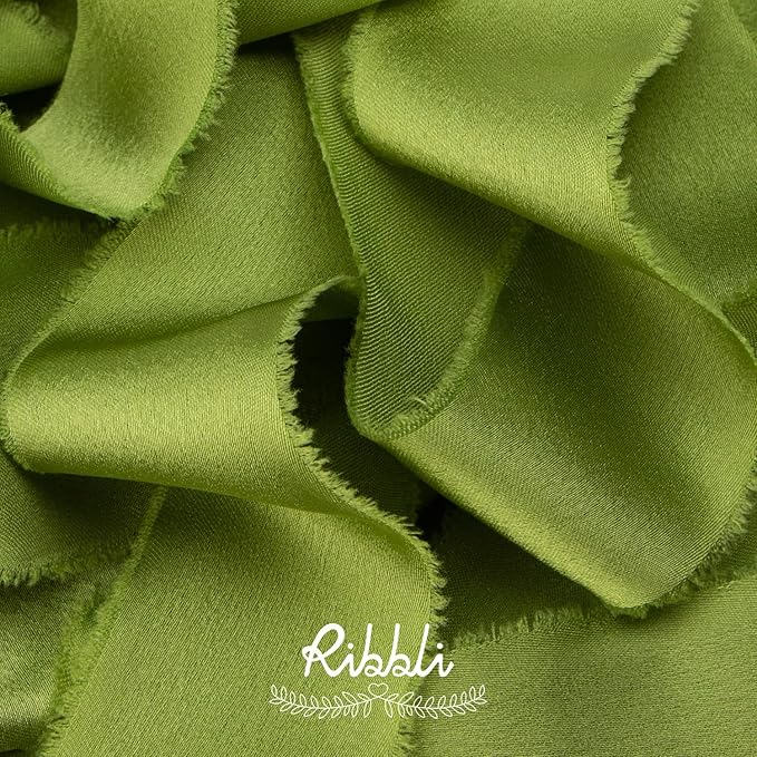 Ribbli Avocado Green Silk Satin Ribbon 1.5 Inch x 30 Yard Handmade Frayed Chiffon Spring Moss Green Ribbon for Gift Wrapping Wedding Invitations Bridal Bouquets Home Decor