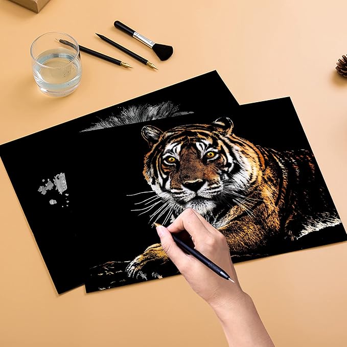 DESINIK Scratch Painting Art for Adults & Teens - 2 Sheets Rainbow Scratch Painting Kit, Scratch Painting Foil Art for Adults, Stress Relief Adult Craft Kits A3(Tiger & Lion)