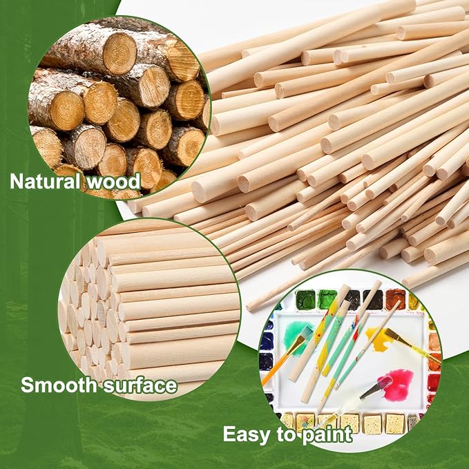 100 Pieces Wooden Dowel Rods Assorted Sizes Wooden Dowels 1/8, 3/16, 1/4, 5/16, 3/8 x 6 Inch Wood Craft Dowel Rods for Crafts and DIY