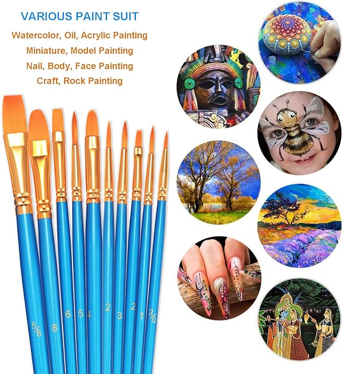 BOSOBO Paint Brushes Set, 2 Pack 20 Pcs Round-Pointed Tip Nylon Hair Artist Acrylic Paint Brushes for Acrylic Painting Oil Watercolor, Face Nail Art, Canvas, Miniature Detailing & Rock Painting, Blue