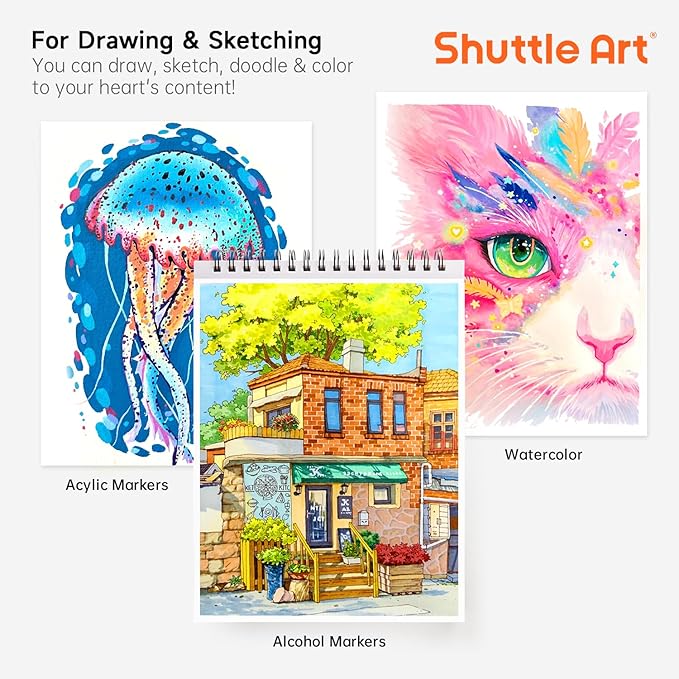 Shuttle Art Marker Pad, 12”x9” Portable Sketchbook, 70 Sheets Marker Drawing Paper, 110LB/180GSM Smooth Surface Bleedproof Art Paper, Spiral-Bound, Great for Artists to Draw, Paint & Sketch