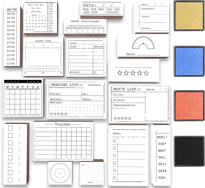Rancco 18 Pcs Journal Stamps w/Ink Pad, 4 Set Bujo Stamp Calendar Planner Stencil for Journal DIY, to Do List, Tasks, Month Week Dates Organizer, Scrapbooking Craft, Enhance and Simplify Your Planner