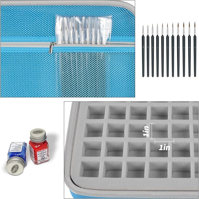 Model Paint Storage Case for Testors Paint Set, Paints Organizer Carrying Bag Holds 60 Bottles with 9 Fine Detail Miniatures Brushes, Enamel Paint Container, Drawing Ink Holder- Box Only (Blue)