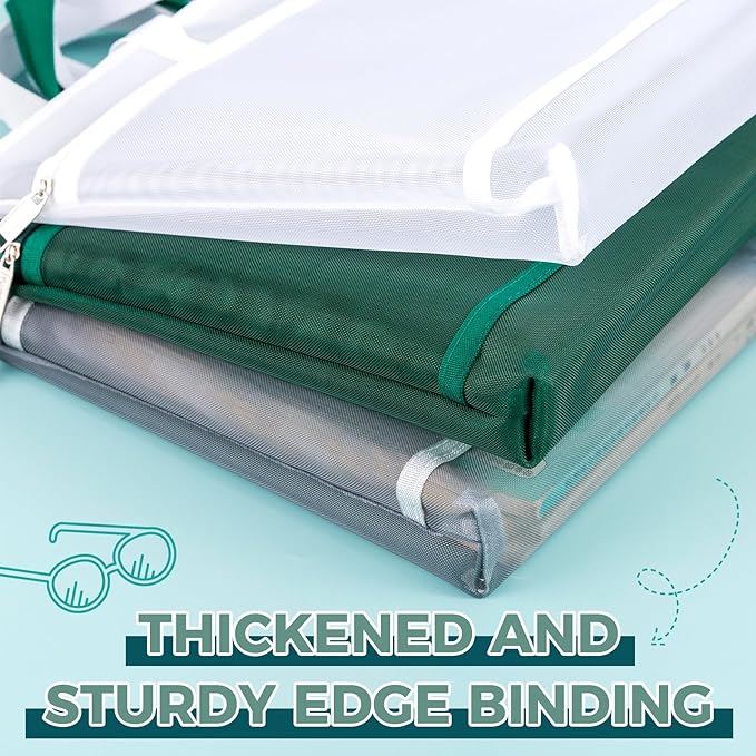 Pendancy Mesh Zipper Pouch A4 Size, Large Double Pocket Lightweight Nylon Transparent File Bag with Handle, 11x13.8 in Foldable Document Storage for Puzzle Project/Cross Stitch/Travel/Office (White)