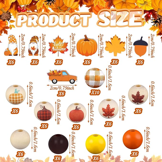 Huwena 200 Pcs Fall Wooden Beads Autumn Pumpkin Maple Leaf Colorful Round Loose Spacer Thanksgiving Beads Wood Bead Colorful Craft for DIY Craft Making Bracelet Necklace Home Decor