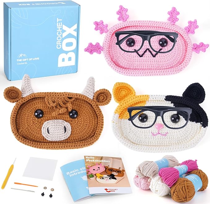 CrochetBox Crochet Kit for Beginners - Glasses Holder Eyeglass Crochet Kit, Beginners Crocheting Kitting for Adults Teen, Gifts with Crochets Yarns, Hook, Step-by-Step Video, Instruction