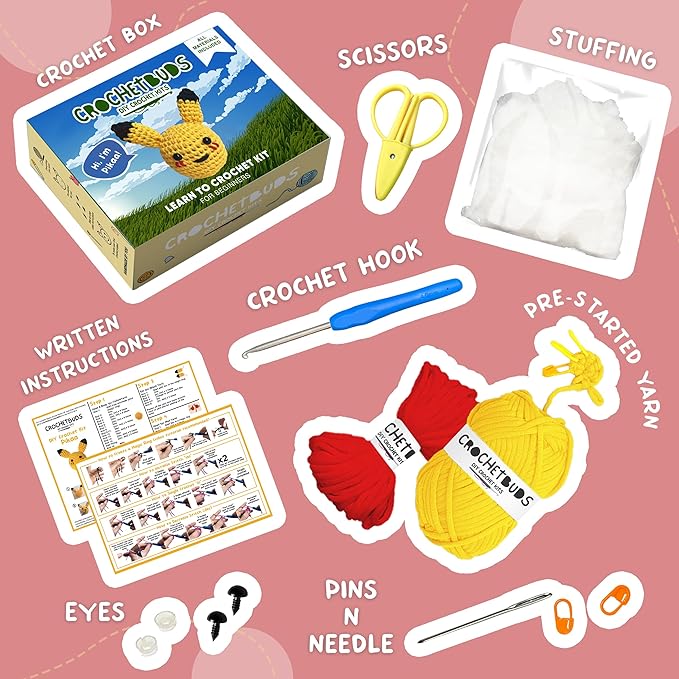 Pika-Doo Crochet Kit | Beginner Level | Great for Couples, Date Night, Kids, Adults, & Anime Lovers | DIY Gift Kit | Heart Included | Instructions, Yarn, Hook, Video & Written Tutorial