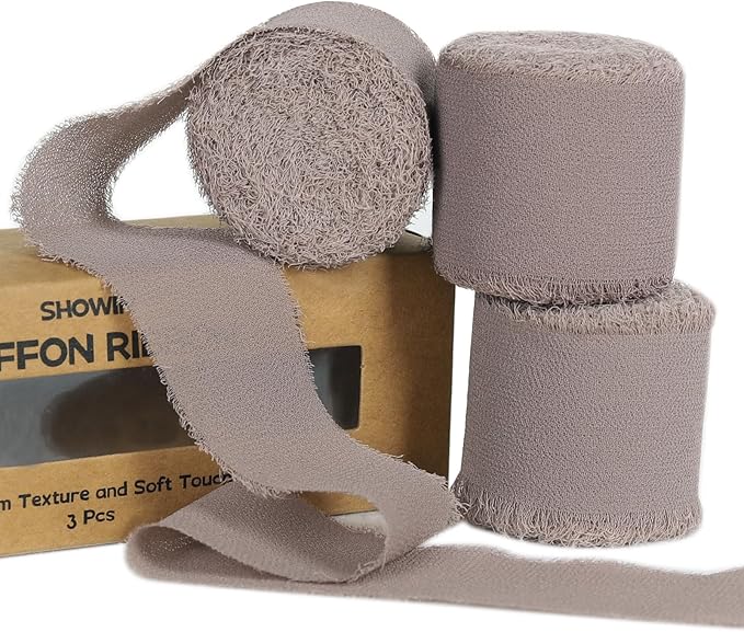 3 Rolls Nude Pink Handmade Fringe Chiffon Ribbon 1.5" x 7Yd Silk-Like Colorful Rustic Ribbon for Bouquets Wrapping Decor Wedding Tie Invitations Crafts