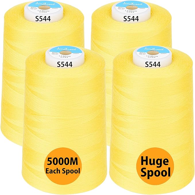 Simthread All Purpose Sewing Thread from 100% Spun Polyester for Serger, Overlock, Merrow, Quilting Sewing 4 Big Cones of 5000M (5500 Yards) Each - 40S/2 Lemon