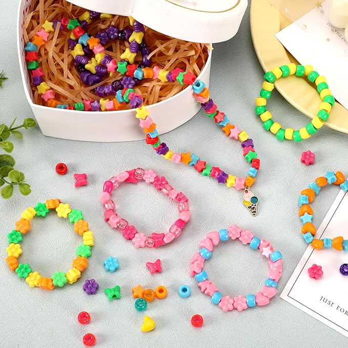 UPINS 1200 Pcs Colored Shaped Pony Beads - Mixed Perforated Assorted Heart Flower Star Butterfly Beads for Jewelry Making Friendship Bracelets Necklace Craft Hair Beaded