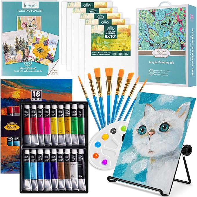 Inburit Art Paint Set for Kids, Painting Supplies Kit with 5 Canvas Panels, 8 Brushes, 18 Acrylic Paints, Multi-Function Table Easel, Etc, Premium Acrylic Paint Set for Students, Kids and Beginner.