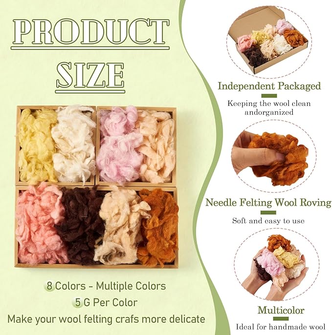 FASHEWELRY 1.4 OZ Nature Wool Roving Needle Felting Set for DIY Craft, Wool Felting for Needle Felt Hand Spinning DIY Craft Materials (8 Colors)