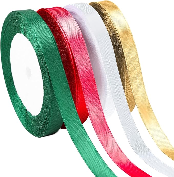 DECYOOL Christmas Ribbons, 4 Rolls 100 Yards Christmas Satin Ribbons 10mm Wide Holiday Craft Ribbons for Gift Wrapping and Xmas Decoration(Wine Red, Dark Green, Khaki, White)