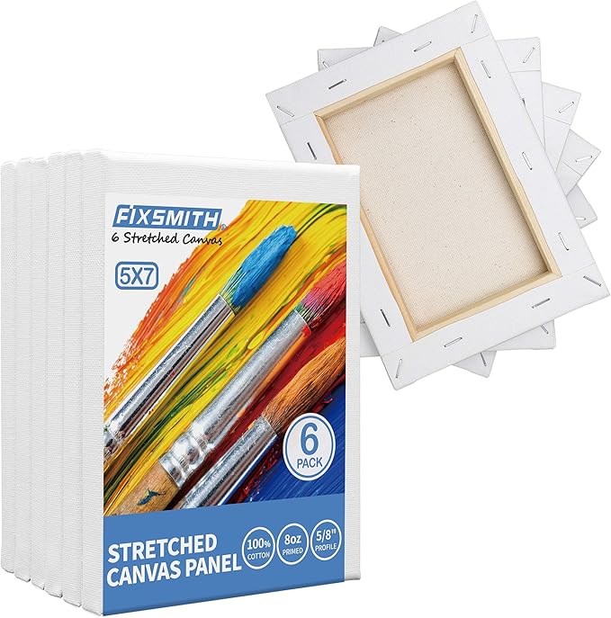 FIXSMITH Stretched White Blank Canvas- 5x7 Inch,6 Pack,Primed,100% Cotton,5/8 Inch Profile of Economy Value Pack for Acrylics,Oils & Other Painting Media.