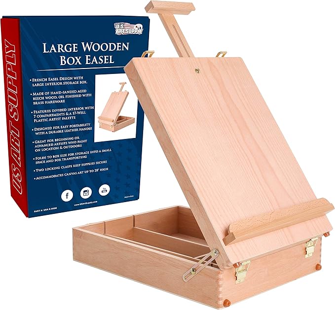 U.S. Art Supply Newport Large Adjustable Wood Desktop Easel - Premium Beechwood Tabletop Drawing Easel with Storage, Paint Palette, Portable Easels for Painting, Drawing, Sketchbox