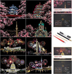 Scratch Art for Adults and Kids-City Landmarks Scratch Painting Craft Kit (8 Sheets A4)|DIY Foil Engraving Art Set|Stress Relief Gift for Travel Lovers, Craft Lovers, Home Decor (Firework&Sakura)