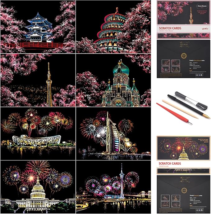 Scratch Art for Adults and Kids-City Landmarks Scratch Painting Craft Kit (8 Sheets A4)|DIY Foil Engraving Art Set|Stress Relief Gift for Travel Lovers, Craft Lovers, Home Decor (Firework&Sakura)