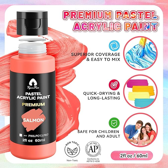 40 Pcs Pastel Acrylic Paint Set with 12 Brushes, 2 Knives & Palette, 24 Colors (2oz/60ml) - for Adults, Kids, Artists & Beginners - Canvas Ceramic Rock Wood Egg Painting Kit