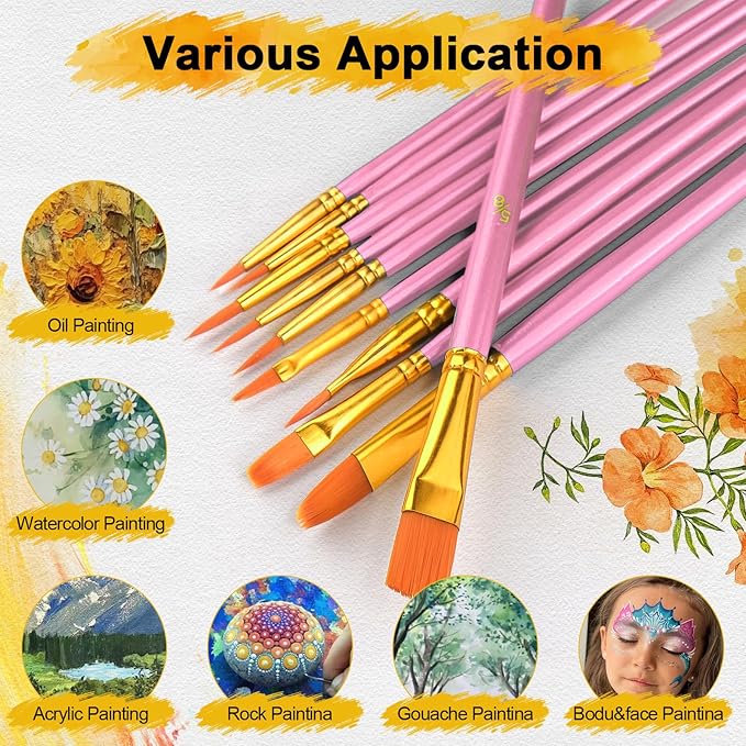 Acrylic Paint Brushes Set, 50Pcs Round Pointed Tip Artist Paintbrushes for Acrylic Painting Oil Watercolor Canvas Boards Rock Body Face Nail Art, Halloween Pumpkin Ceramic Crafts Supplies，Pink