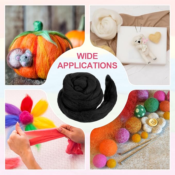 MECCANIXITY Wool Roving Yarn Soft Felting Wool 50g/1.76oz Pure Chunky Roving Yarn for Needle Felting Knitting Blanket Spinning Weaving Art DIY Craft Black