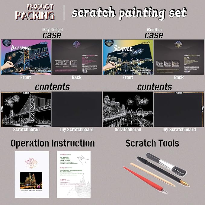 Scratch Painting Kits for Adults Rainbow Painting Art Paper, World Famous City DIY Night View Scratchboard for Adults with 4 Tools,Size 11.2''x16'' (Seattle)