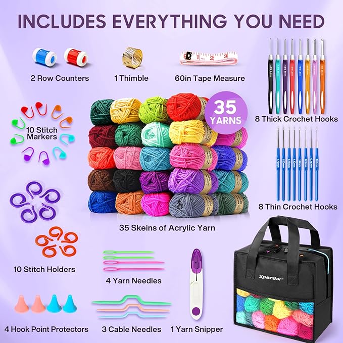Crochet Kit, 1600 Yarns 35 Colors Acrylic Yarn Skeins, 53 PCS Crochet Hook Accessories and A Storage Bag, Yarn for Crocheting Suitable for Knitting, Knitting Kit Gift for Adult and Beginner, Black