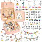Charm Bracelet Making Kit for Girls 8-12, Kids Jewelry Making Kit 66Pcs Jewelry Kits for Girls Ages 5-7 Jewelry Maker Craft Necklace Birthday Christmas Gifts with Initial Jewelry Organizer Box - A