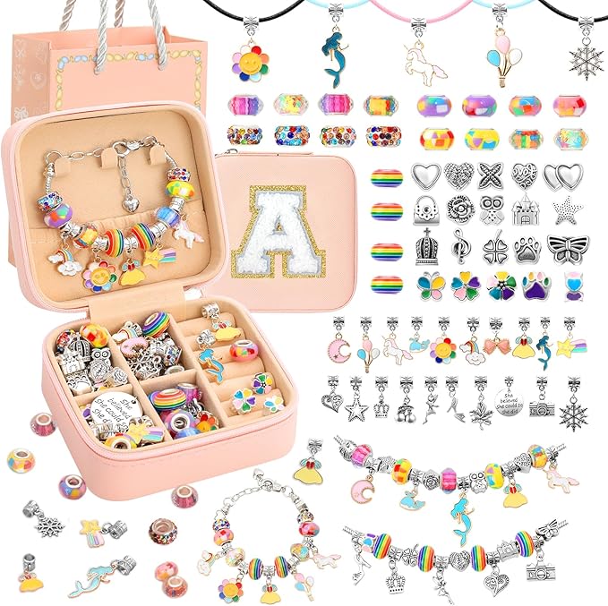 Charm Bracelet Making Kit for Girls 8-12, Kids Jewelry Making Kit 66Pcs Jewelry Kits for Girls Ages 5-7 Jewelry Maker Craft Necklace Birthday Christmas Gifts with Initial Jewelry Organizer Box - A