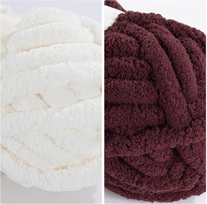 HOMBYS 8 Pack Assorted Chunky Yarn for Crocheting,Super Bulky Large Soft Fluffy Yarn,Plush Fuzzy Yarn,Thick Chenille Yarn for Hand Knitting/Arm Knitting,4 Cream & 4 Wine Red(27yds,8 oz Each Skein)