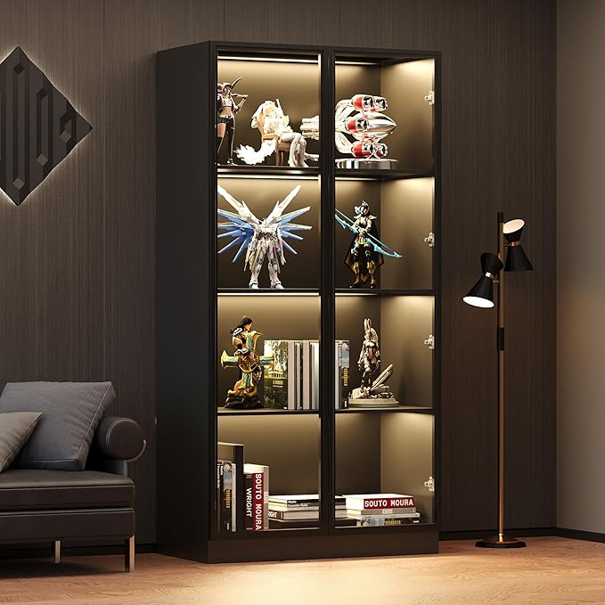 Wooden Display Storage Cabinet with Glass Door, LED Lights,Showcase for Collections, Perfume, Vinyl Albums, Bookcase for Home Office, Living Room, Clinic, Pantry (Black- 4 Layers)