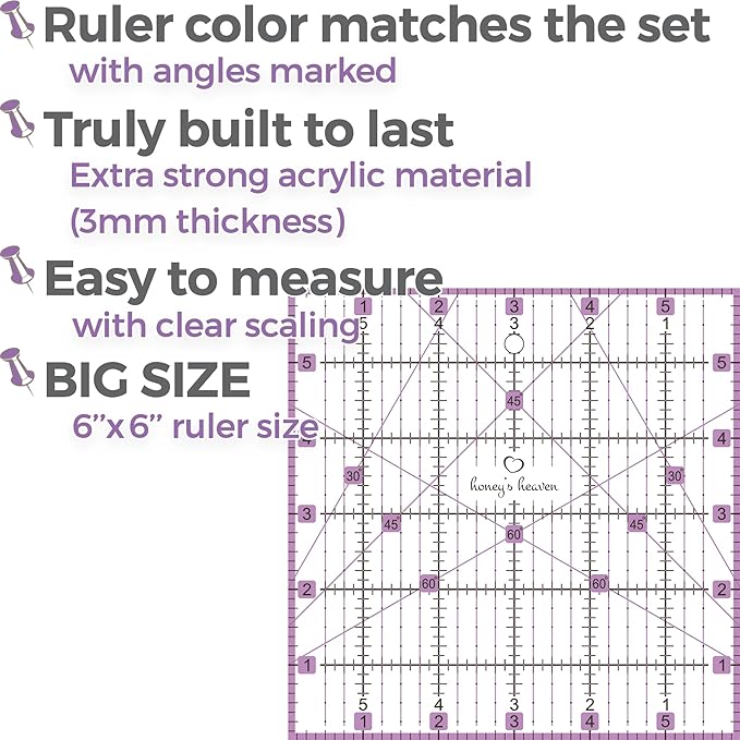 Honey's Heaven Rotary Cutter Set - 45mm Fabric Cutter, 5 Replacement Blades, A4 Cutting Mat, Acrylic Ruler and Craft Clips - Ideal for Crafting, Sewing, Patchworking, Crochet & Knitting