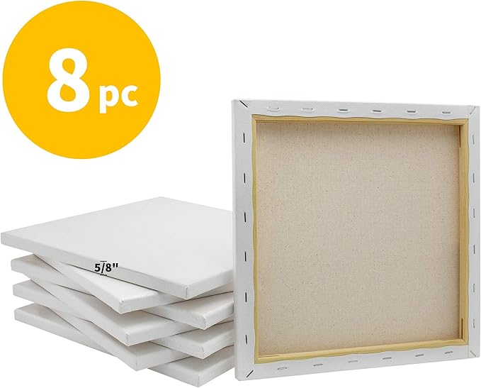 FIXSMITH Stretched White Blank Canvas- 12x12 Inch,Bulk Pack of 8,Primed,100% Cotton,5/8 Inch Profile of Super Value Pack for Acrylics,Oils & Other Painting Media