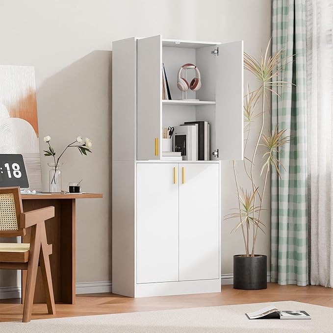 Cozy Castle Kitchen Pantry Cabinet, 71" Tall Wood Storage Cabinet with Doors and Shelves 4 Doors Freestanding Cupboard for Dining Room Living Room Bathroom Furniture, White