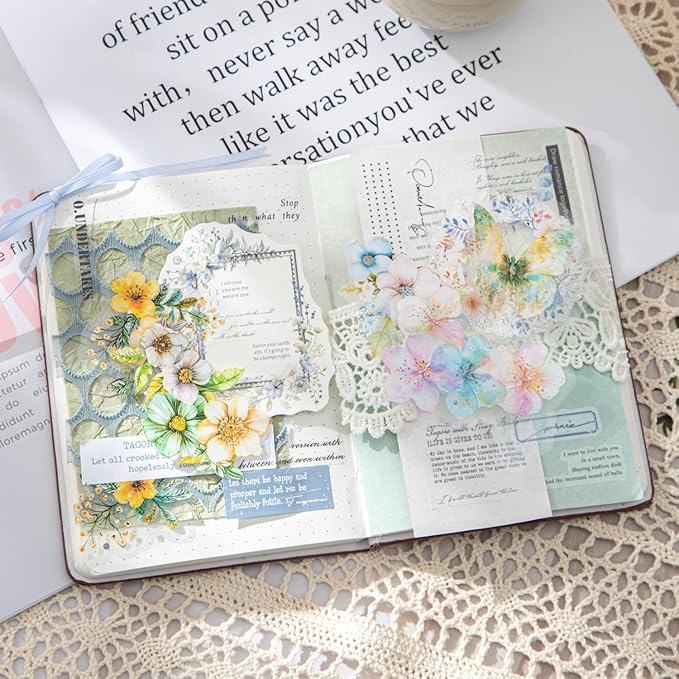 TIAMECH Misty Weaving Flowers PET Stickers - 60 Pcs Dawn Dream & Floral Lace Spring Blossom Design, Waterproof Sticker for Journaling & Scrapbooking, Junk Journal Supplies, Ephemera & DIY Crafts