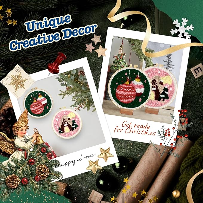 yuegool 2PCS Christmas Punch Needle Decoration Kit,Easy DIY Punch Needle Embroidery Kit for Beginners Adults Kids Including Patterns, Tools, Yarns, Hoop, Instruction, Bracket Art Craft Supplies