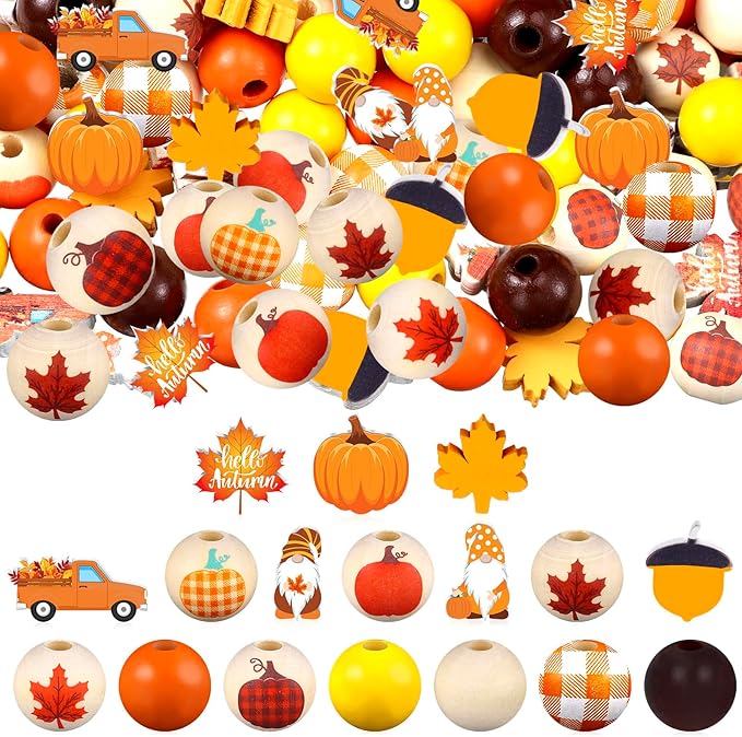 Huwena 200 Pcs Fall Wooden Beads Autumn Pumpkin Maple Leaf Colorful Round Loose Spacer Thanksgiving Beads Wood Bead Colorful Craft for DIY Craft Making Bracelet Necklace Home Decor