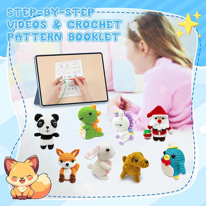HUASHILUO 8Pcs Crochet Kit for Beginners, 2026 DIY Craft for Adults and Kids, Great Christmas Gift for Crochet Lovers, Crocheting Animal Kits with Step by Step Videos,Yarn,Crochet Hook