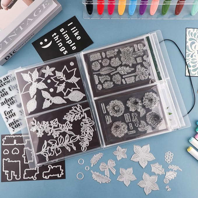 10 Pcs 0.3mm Magnet Sheets and 80 pockets/20 pages Storage Album for Stamp and Cutting Dies Storage Book Organizer Folder for Storage Die Cutting, DIY Scrapbooking Card Making Supplies (Clear)