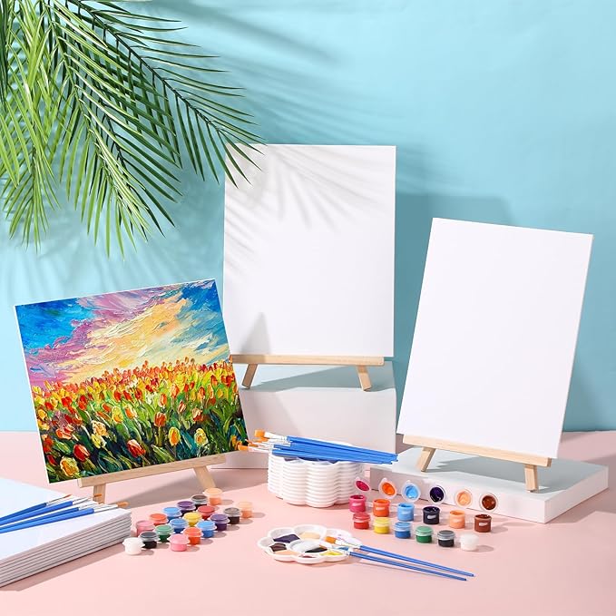 Qilery 24 Set 8 x 10 Inch Canvas Boards and Easel for Painting, Acrylic Paint Strips, Palettes, Brushes, Canvases Painting Kits for Kids Adults Artists Beginners Oil Acrylic Painting Party Favors